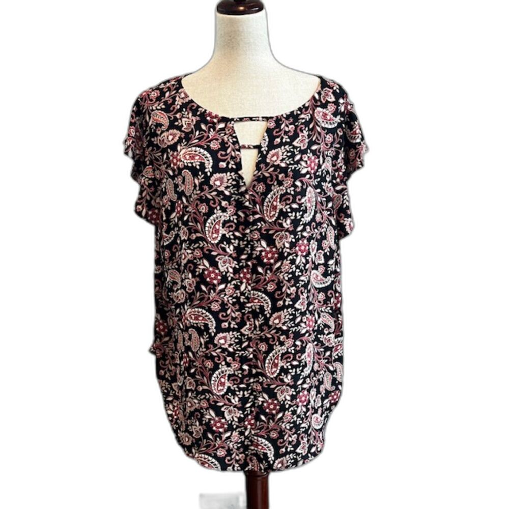 Loft Women's Flutter Sleeve Paisley Blouse with Cutout Detail Size XXL